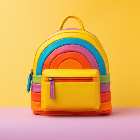 Multicolor backpack on yellow background. Copy space. Back to school, education, learning concept.の素材