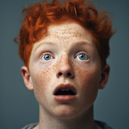 Funny boy with curly ginger hair and freckles being shocked.の素材