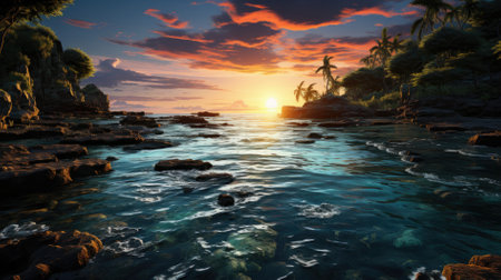 Beautiful seascape with palm trees and sunset. 3d renderの素材