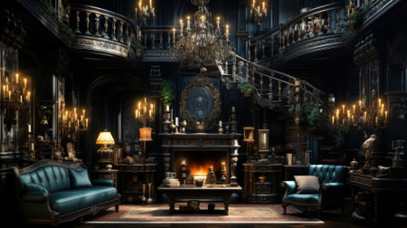 Wooden black interior of an old library.の素材