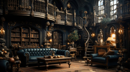 Wooden black interior of an old library.の素材