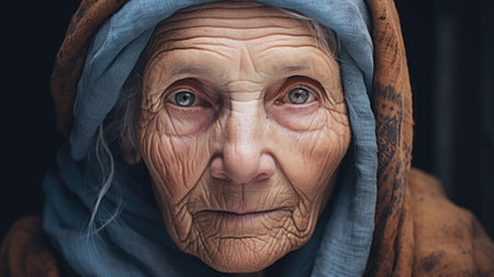 Portrait of an old woman with a scarf on her head.の素材