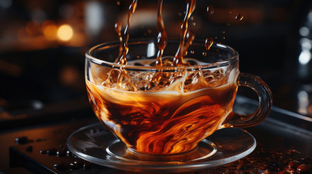 Cup of coffee with ice cubes on blurred background, closeupの素材