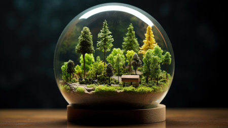 Miniature city in a glass sphere on a wooden table. The concept of environmental protection.の素材