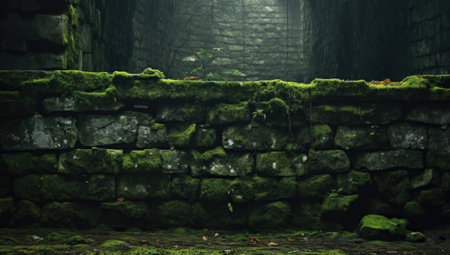 Ancient stone wall covered with green moss in the dark. 3d renderingの素材