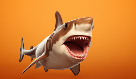 3D Illustration of a Great White Shark on an orange backgroundの素材