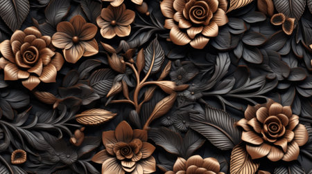 3d render, abstract floral background, black and gold flowers and leavesの素材