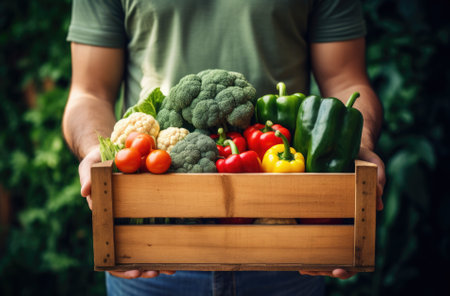 Farmer holding wooden box full of fresh vegetables in garden, closeupの素材
