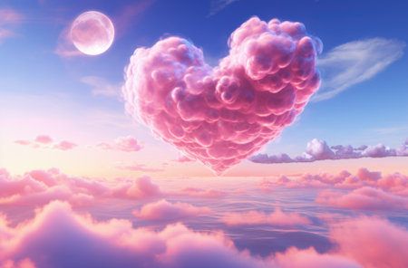 Heart in the clouds. 3d render. Valentine's day backgroundの素材