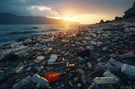 Plastic trash on the beach at sunset. Pollution environment concept.の素材