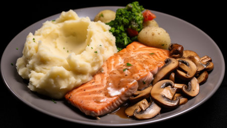 salmon steak with mashed potatoes, closeup.の素材