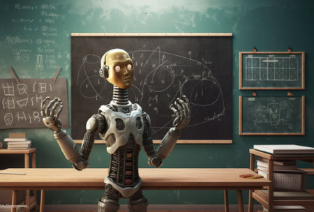 robot in classroom with chalkboard on background. 3d renderingの素材