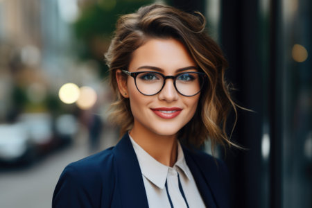Happy young fashion woman walking on city street Stylish female model.の素材
