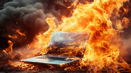 Laptop burning in fire on a dark background. The concept of computer crimeの素材