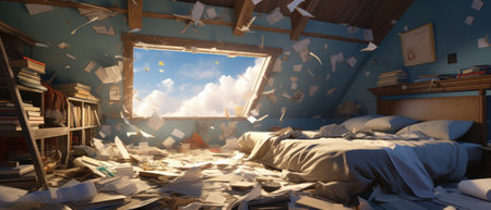 Messy messy bedroom with piles of papers. 3d illustration.の素材