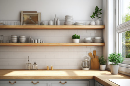 3d render of a modern kitchen with white tile wall and wooden shelvesの素材