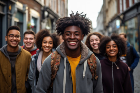 Happy young interracial students chatting with each other after class standing outside. Guy and girls wear casual clothes to study. Lifestyle concept, sincere emotions.の素材