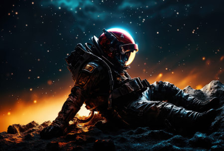 Astronaut sitting on the sand and looking at the starry skyの素材