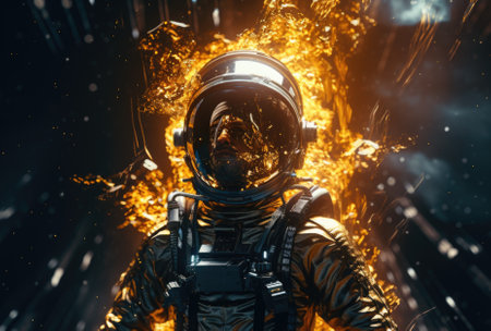 Astronaut in space suit and helmet on a dark background.の素材