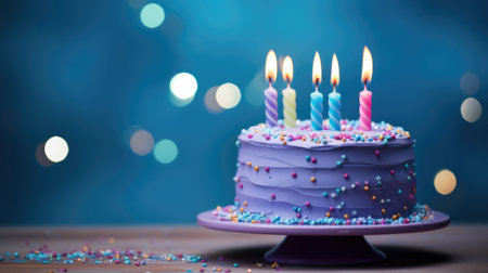 Birthday cake with burning candles on a blue bokeh backgroundの素材