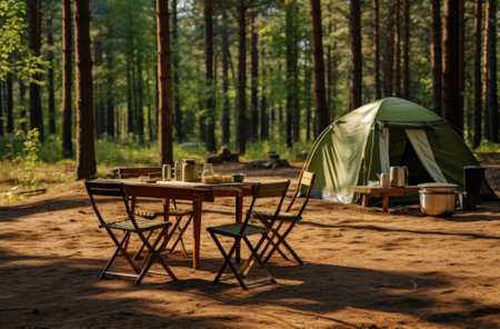 Camping in the forest. Table and chairs on the sand.の素材