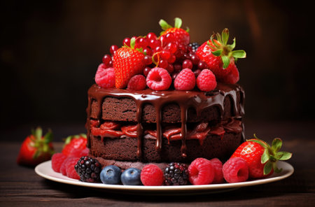 Chocolate cake with berries on a wooden background. Selective focus.の素材