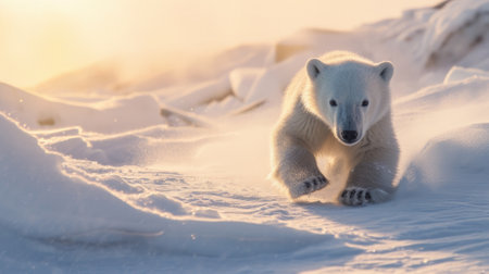 A baby polar bear running through the snow.の素材