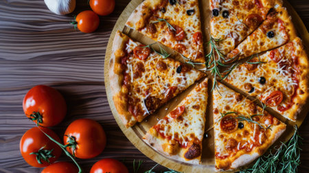 Pizza Margherita on black stone background. Homemade Pizza Margarita with Tomatoes, Basil and Mozzarella Cheese.の素材