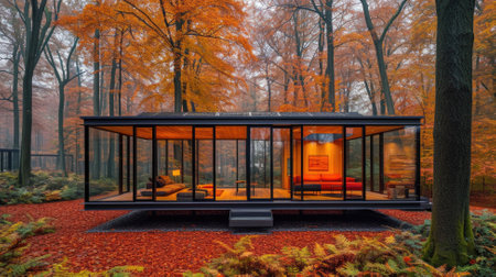 3d rendering of a modern house in autumn forest with a fireplaceの素材