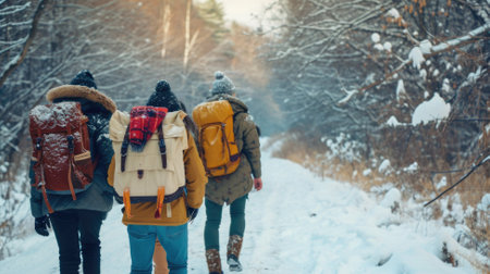 Hikers with backpack hiking on snowy trail. Group of people walking together at winter day. Back view.の素材