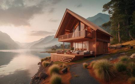 3d rendering of modern cozy chalet on the lake. Mountain background.の素材