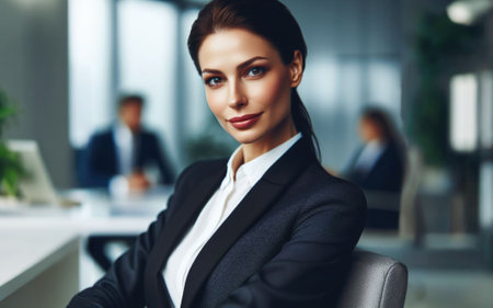 Portrait working woman wearing suit. Crossed hands looking at the camera with confidence at office.の素材