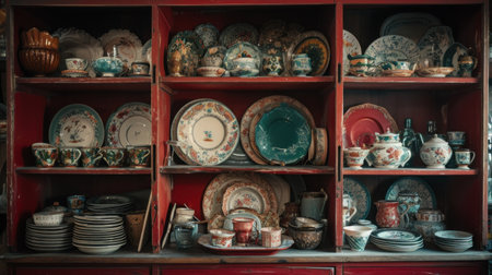 Wooden crockery in the pantry in the kitchen.の素材