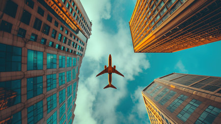 Airplane flying on business skyscrapers of financial center. Travel, economy, cargo, transportation concept.の素材