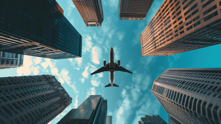 Airplane flying on business skyscrapers of financial center. Travel, economy, cargo, transportation concept.の素材