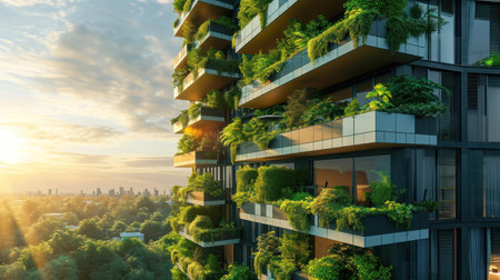 Modern and eco-friendly skyscrapers with many trees on each balcony. Modern architecture, vertical gardens, terraces with plants.の素材