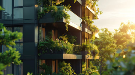 Modern and eco-friendly skyscrapers with many trees on each balcony. Modern architecture, vertical gardens, terraces with plants.の素材