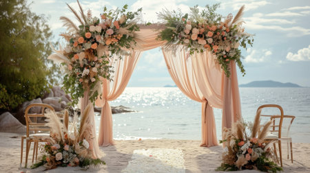 Wedding arch on a white sand beach.の素材