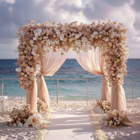 Wedding arch on a white sand beach.の素材