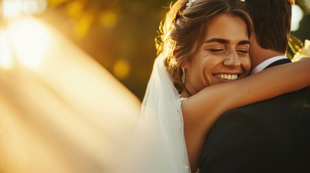 Bride hugging her groom on their wedding day.の素材