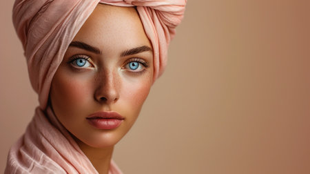 Young woman wearing pink shower towel on head.の素材