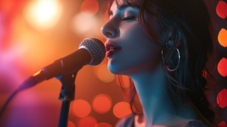 Portrait of beautiful singing woman on color background.の素材