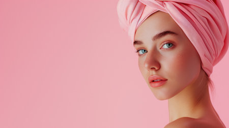 Young woman wearing pink shower towel on head.の素材