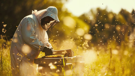 Beekeeper checking honey on the beehive frame in the field.の素材