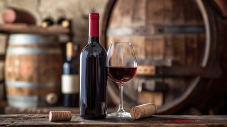 Still life with red wine, bottle, glass and old barrel.の素材
