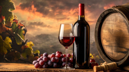 Still life with red wine, bottle, glass and old barrel.の素材