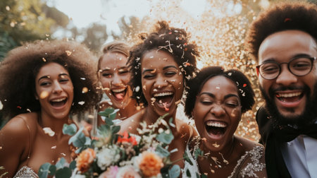 Charming black wedding couple celebrating with friends.の素材