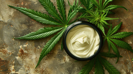 Jar of hemp white lotion. Cannabis cream with marijuana leaf - cannabis concept. Flat lay, top view.の素材