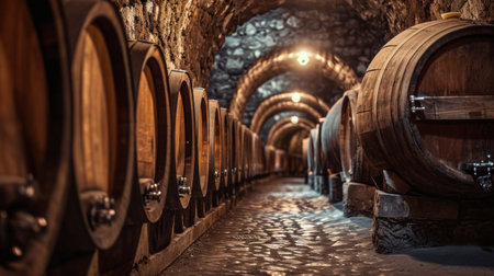 Wine cellar. Wine or whiskey barrels. French wooden barrels.の素材