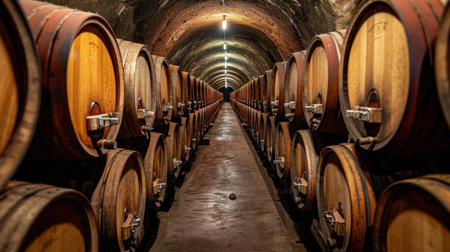Wine cellar. Wine or whiskey barrels. French wooden barrels.の素材